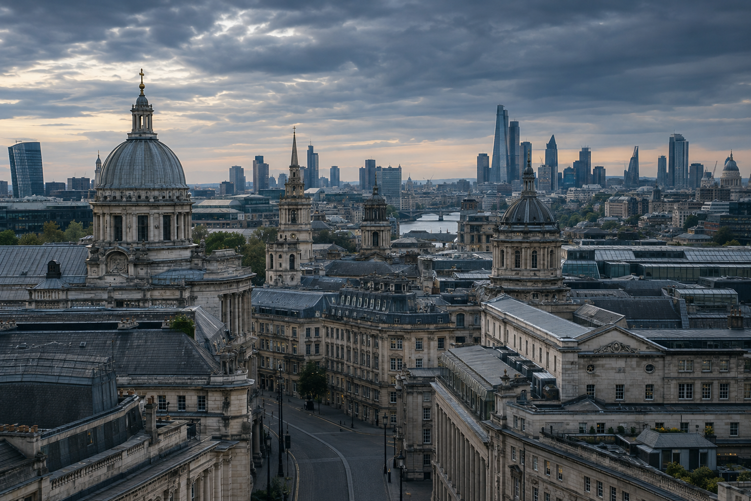 European cityscape blending classical and modern architecture
