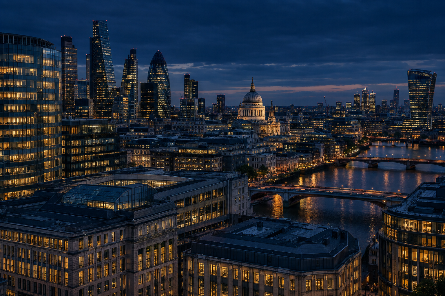 European financial district at dusk with modern glass and stone architecture