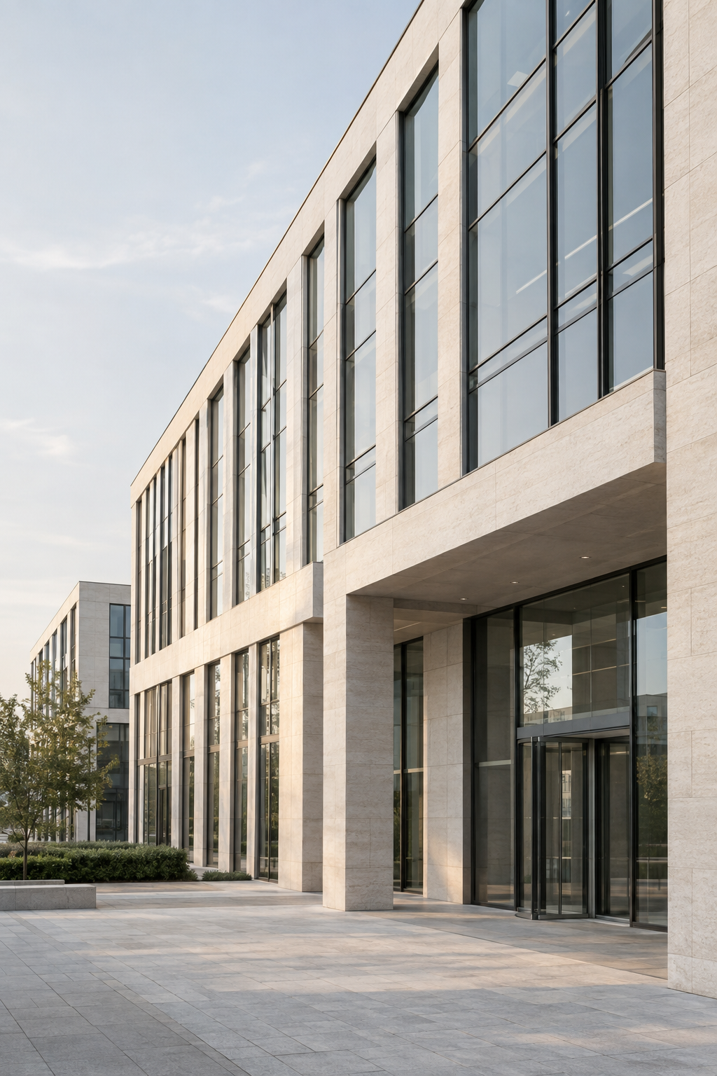 Modern European commercial real estate with clean limestone and glass facade